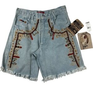 Joujou Vintage 90s Beaded Embroidered Denim Shorts Light‎ Wash Boho Size 7/8